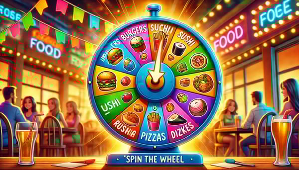 DALL·E 2025-01-03 16.28.20 - A vibrant digital illustration of a Spin the Wheel game with a food theme, featuring restaurant names written in bold, playful fonts on the wheels -1