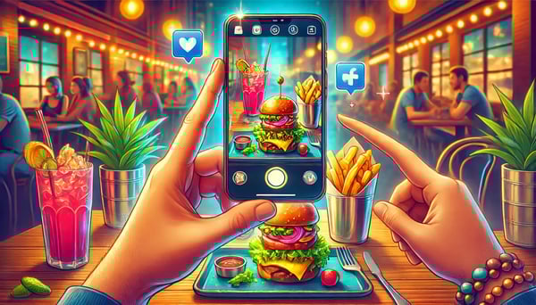 DALL·E 2025-01-03 16.57.57 - A vibrant digital illustration of a person taking a picture of their food with a smartphone and posting it online. The focus is on a beautifully plate