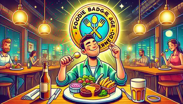 DALL·E 2025-01-03 16.58.51 - A vibrant digital illustration of a person earning a badge while eating at a restaurant. The person is seated at a table with a delicious meal in fron
